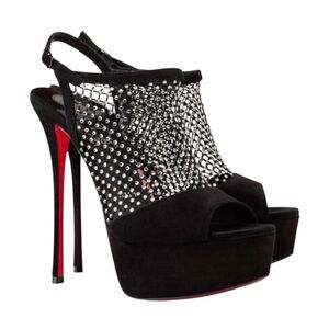 NEW CHRISTIAN LOUBOUTIN Black Suede Plougesta Alta Strass 150 Platform Sandal 39
